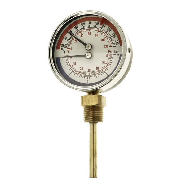 Picture of Thermo-manometer, 0-2,5 - 4 bar, 0-120°C 80 mm, radiaal, 1/2"